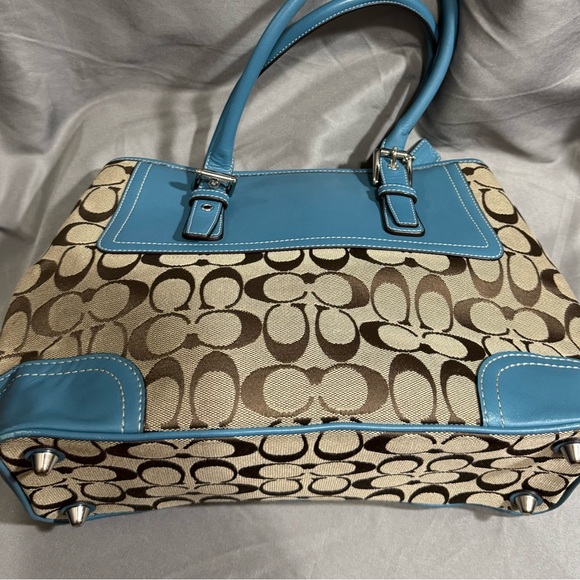 Coach Signature Canvas Tote with Blue Leather Trim - Picture 4 of 10